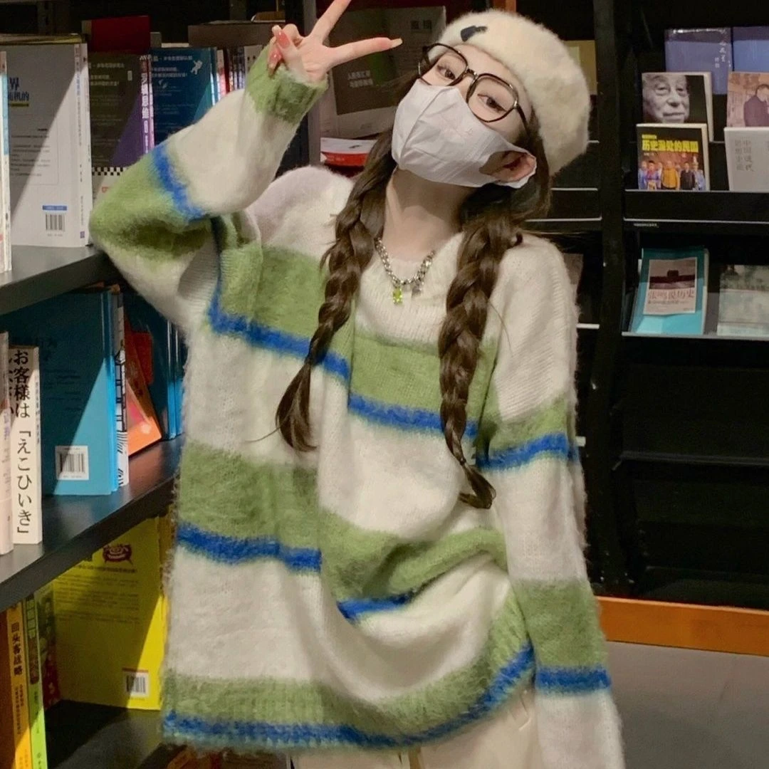 条纹毛衣女秋季外穿日系复古宽松慵懒温柔风软糯针织上衣