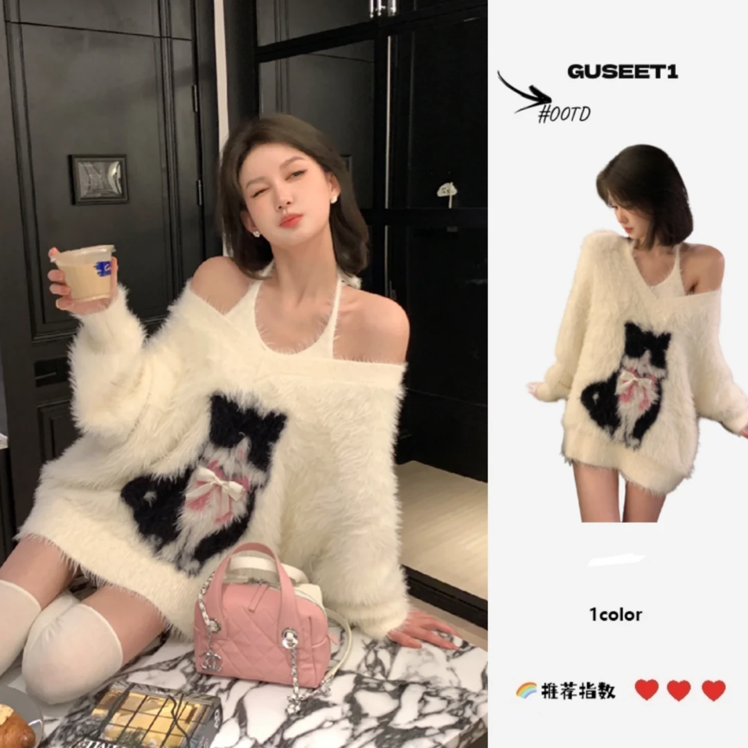 秋冬季新款韩版甜美纯欲风内搭背心女+慵懒软糯水貂毛针织毛衣潮