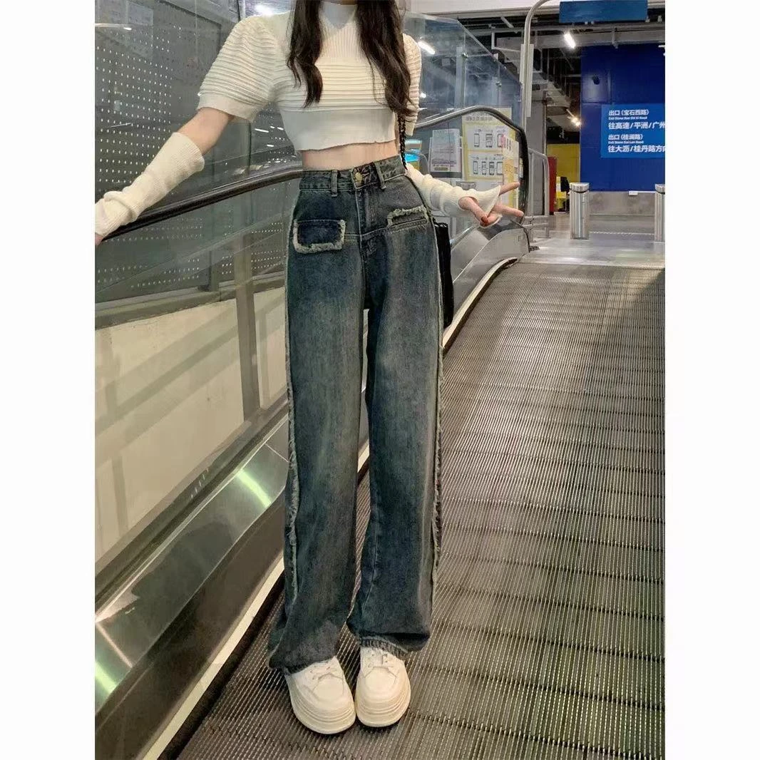 毛边直筒牛仔裤女秋季新款假口袋设计感高腰显瘦阔腿长裤子潮