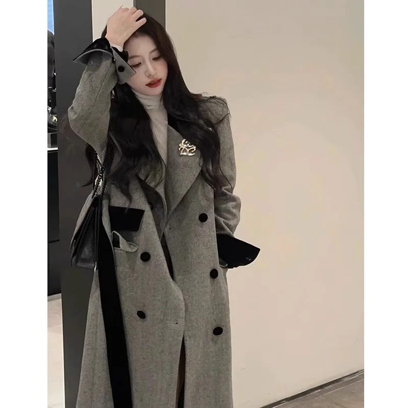 灰色长款呢子大衣女毛呢外套秋冬高级感小个子韩系新款赫本风