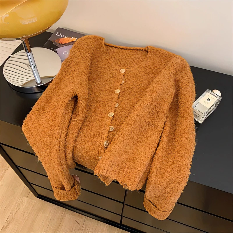 南瓜橘色毛衣开衫女秋冬外穿软糯复古日系慵懒短款圈圈绒针织外套