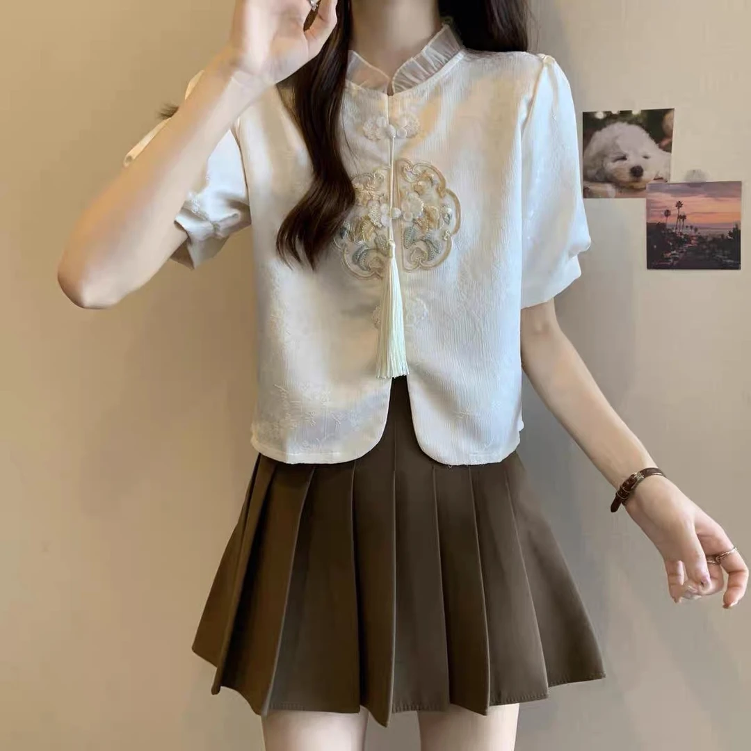 编码721-730洋气高腰时尚百搭国风法式宽松夏季短T中式显瘦气质