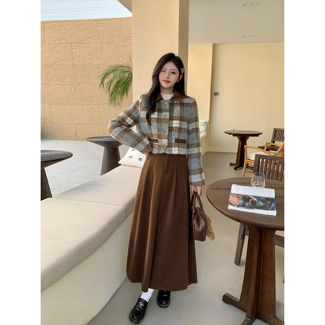 【小曹大码】女装美拉德加厚毛呢短外套百褶时尚长裙两件套-LK2869