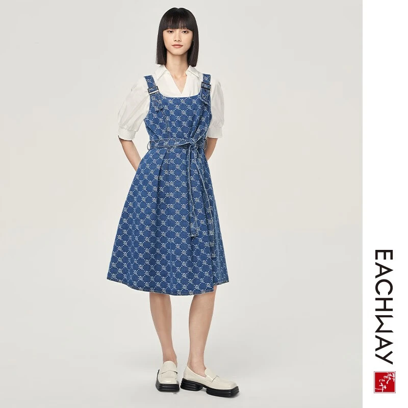 Eachway/艺之卉印花全棉蓝色收腰牛仔吊带连衣裙女ET11CL0031