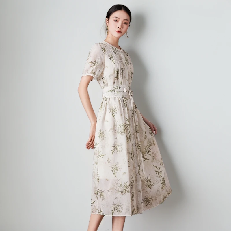 Eachway/艺之卉文艺清冷温婉新中式竹叶印花X型衬衫裙1S42L00021