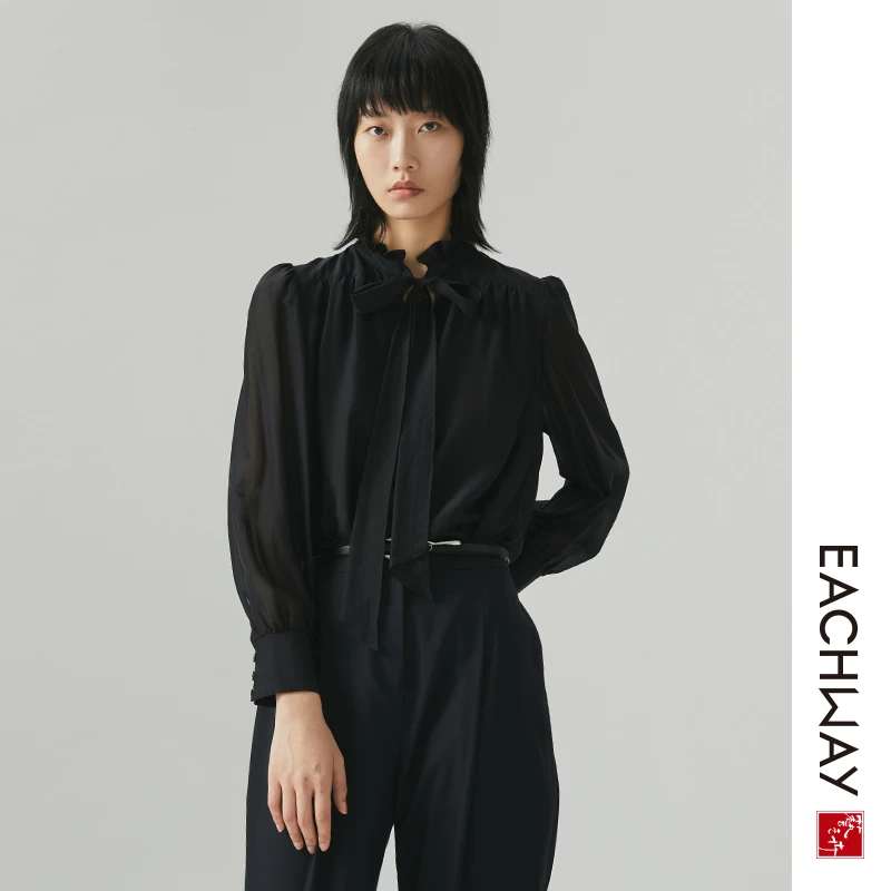 Eachway/艺之卉秋季新款黑色长袖立领桑蚕丝衬衫上衣ES31C03757