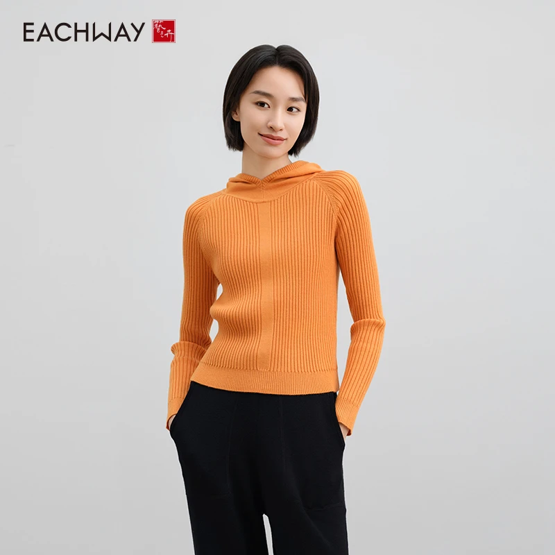 Eachway/艺之卉秋冬新阳光橙高保暖绵羊毛针织连帽毛衣ET41M05644