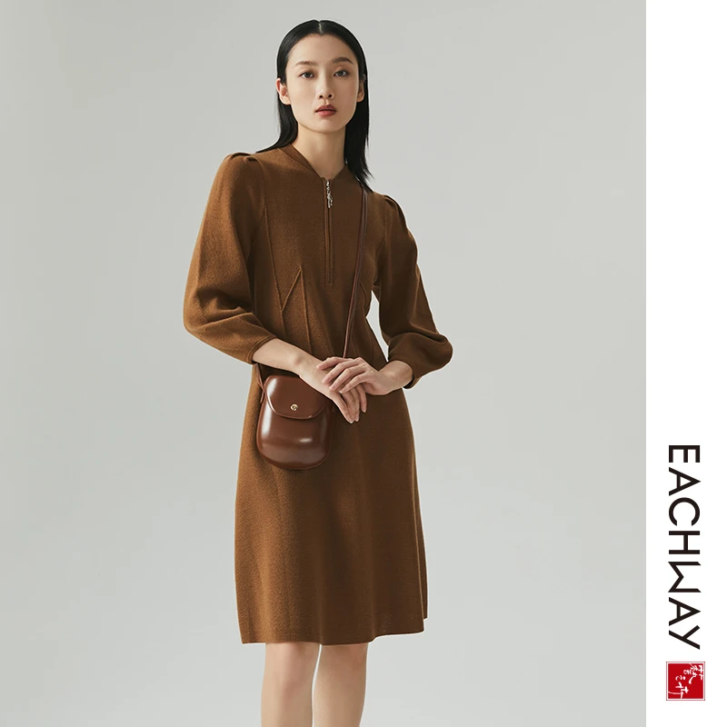 Eachway/艺之卉连衣裙收腰长袖针织气质圆领秋季女装ES41ML5496