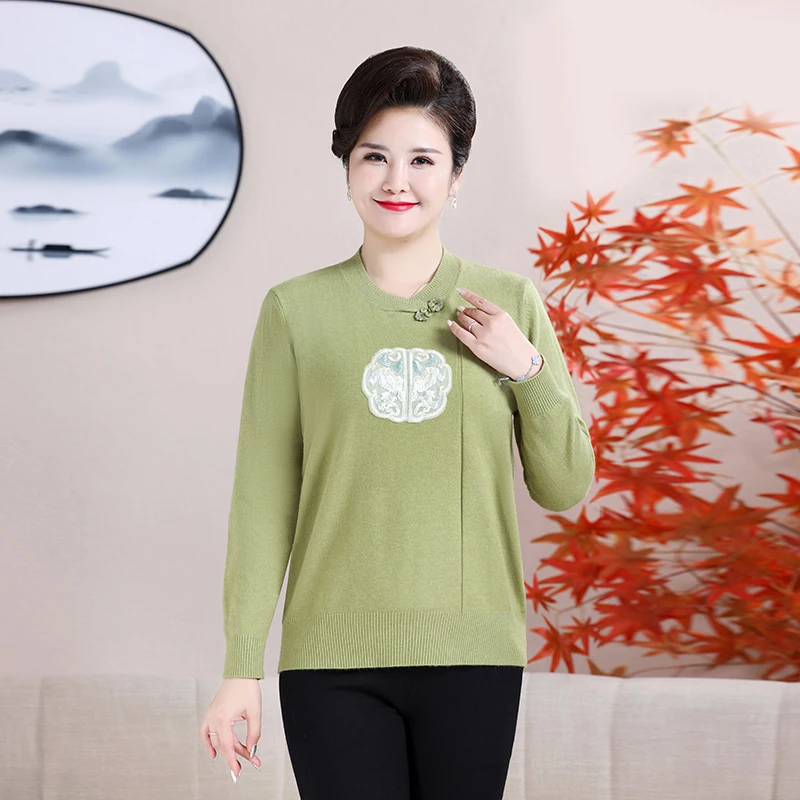 大码妈妈装秋冬款套头毛衣国风新款加肥加大码宽松遮肉百搭显瘦款