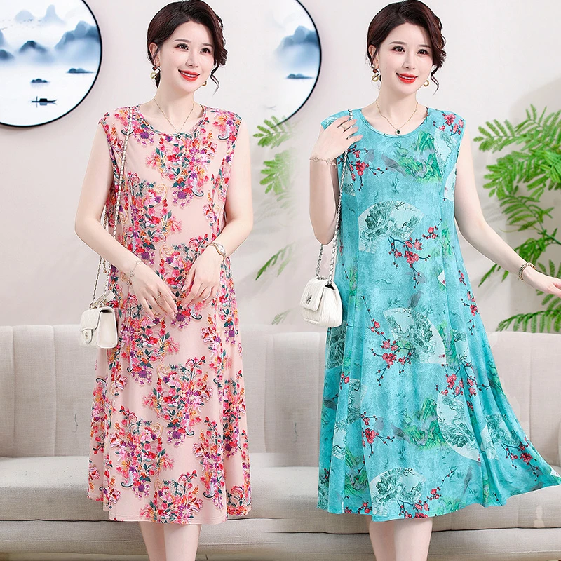 大码妈妈装夏季薄款宽松碎花背心裙中老年女士中长款印花圆领裙子