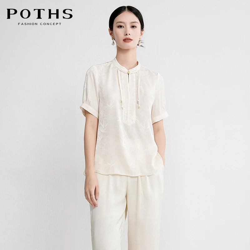 铂玺2024新款新中式短袖上衣优雅竹叶提花立领雪纺衬衫女84201178
