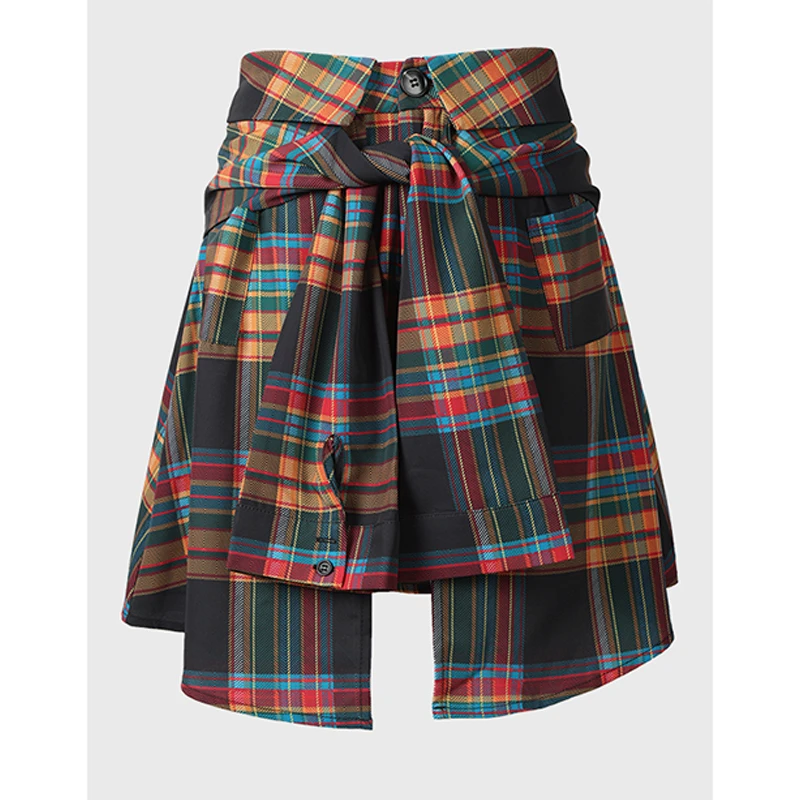 2025年夏季新设计感拼接格纹半身裙女美式复古辣妹不规则A字短裙