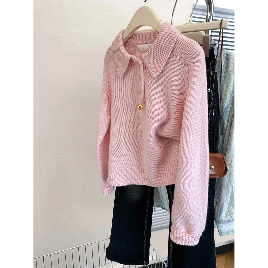 慵懒粉色POLO领套头针织衫2025秋冬新款设计感休闲小个子软糯上衣