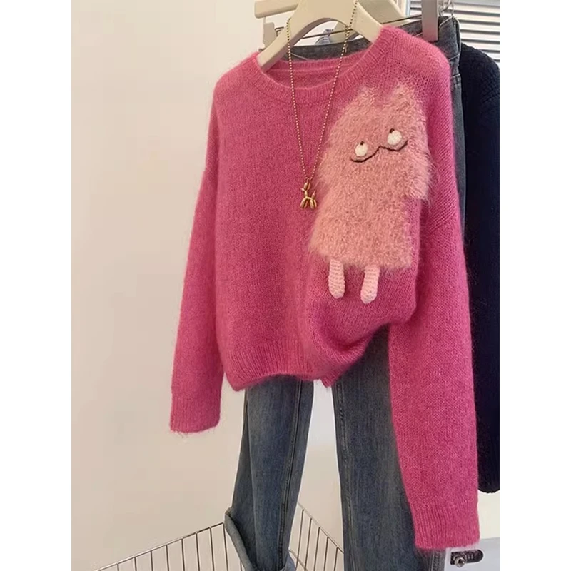 2025秋季玫粉色套头毛衣女穿搭新款女外穿软糯慵懒高级感多上衣