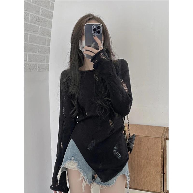秋季纯欲风辣妹破洞防晒针织罩衫女不规则开叉修身内搭打底衫上衣
