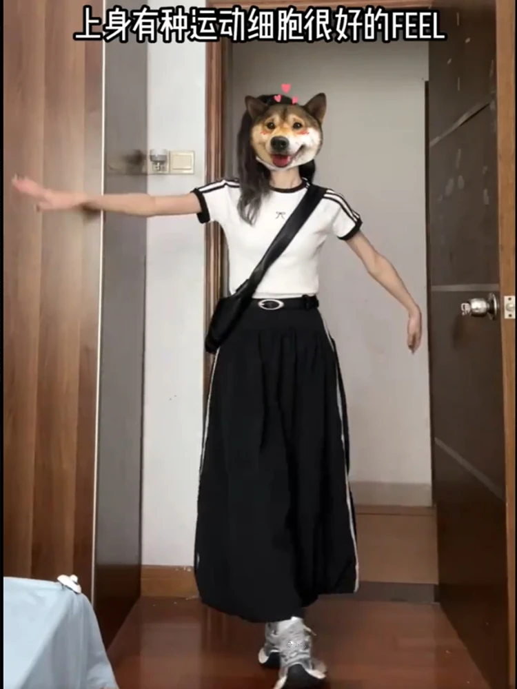 夏季显瘦女装中长款半身裙2025年新款抽褶a字条纹高腰百搭花苞裙