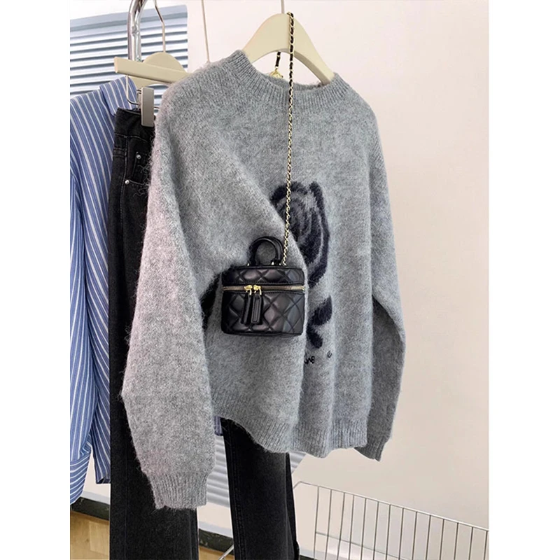 慵懒高级秋冬季2025新款毛衣撞色提花圆领套头休闲减龄长袖针织衫