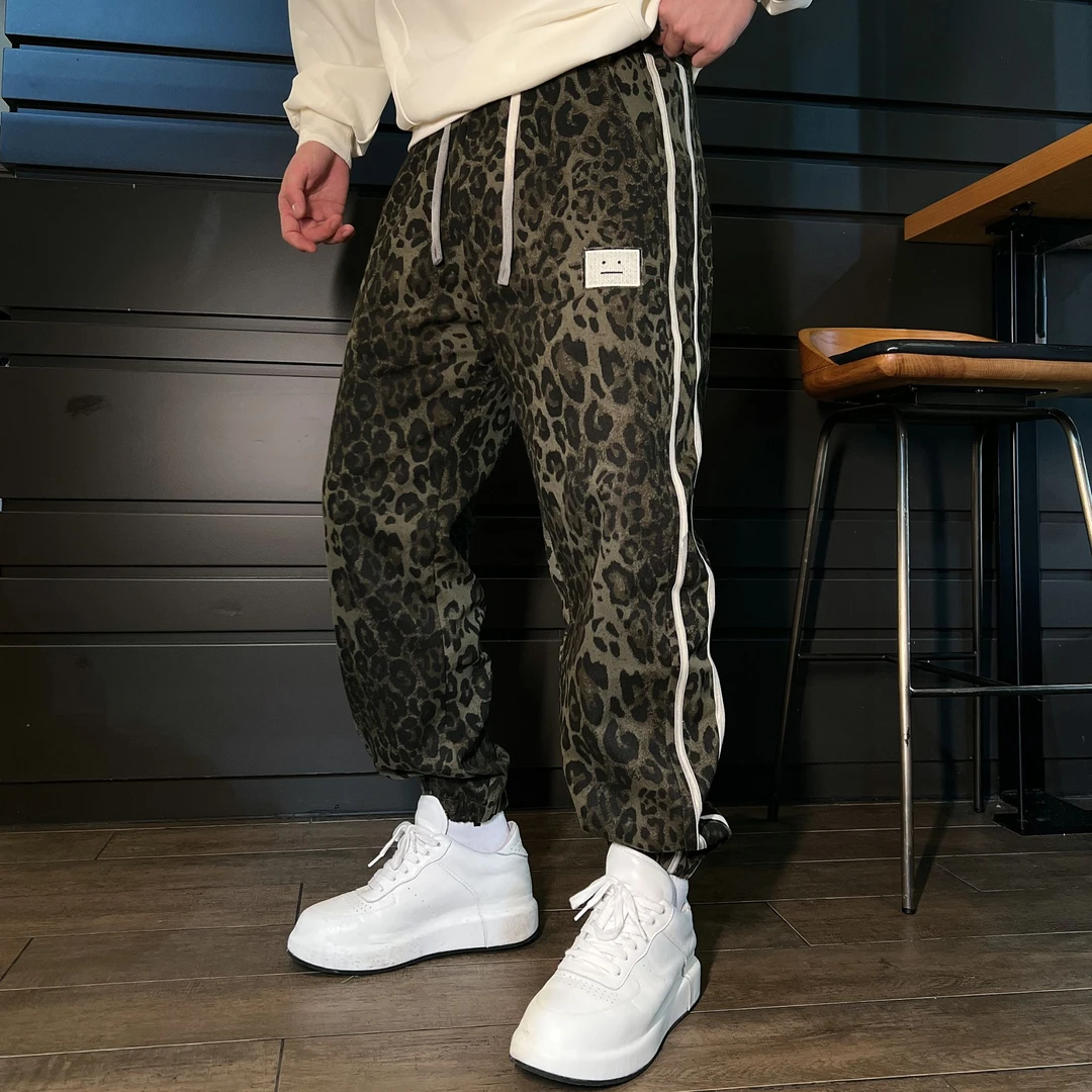 DB 男装秋季新款豹纹休闲裤男女同款洋气百搭潮牌风显瘦裤男5888