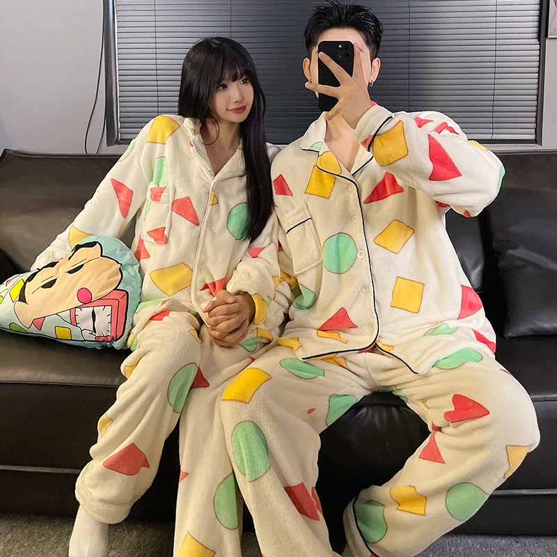 蜡笔小新睡衣男女士秋冬季法兰绒加绒加厚保暖卡通大码情侣家居服
