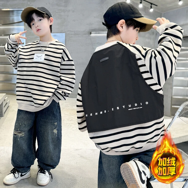 男童冬装加绒假两件卫衣2024新款冬款儿童中大童男孩冬季加厚上衣