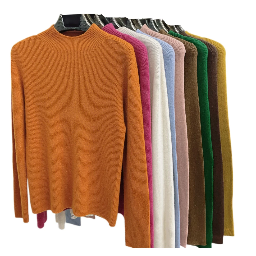 依佳——059一线成衣绵羊毛半高领竖螺纹坑条亮丝经典针织打底衫女