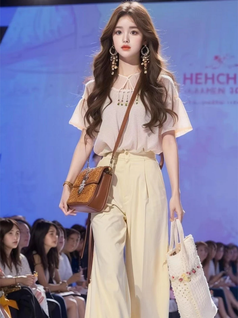 夏季新款时尚穿搭一整套女盐系小香风气质阔腿裤两件套装