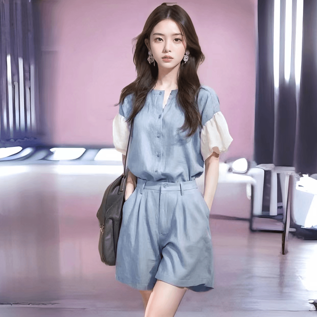 2024夏装搭配一整套高级感超好看小众不撞款蓝色拼色短袖短裤套装