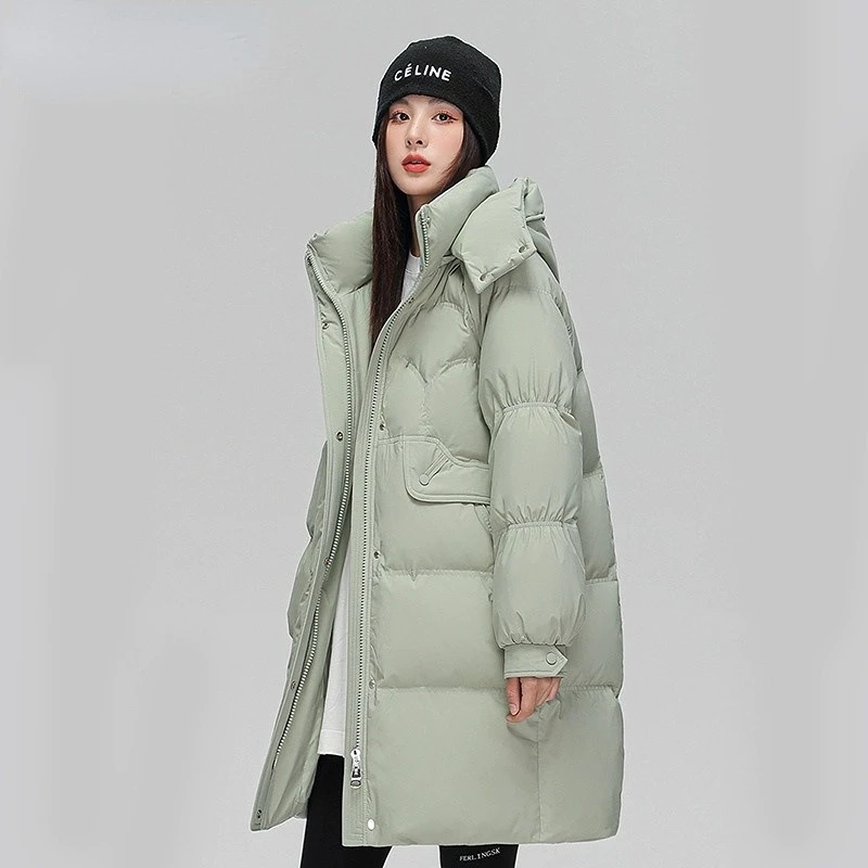 羽绒服女中长款2024冬季新款韩版时尚宽松白鸭绒加厚连帽保暖外套