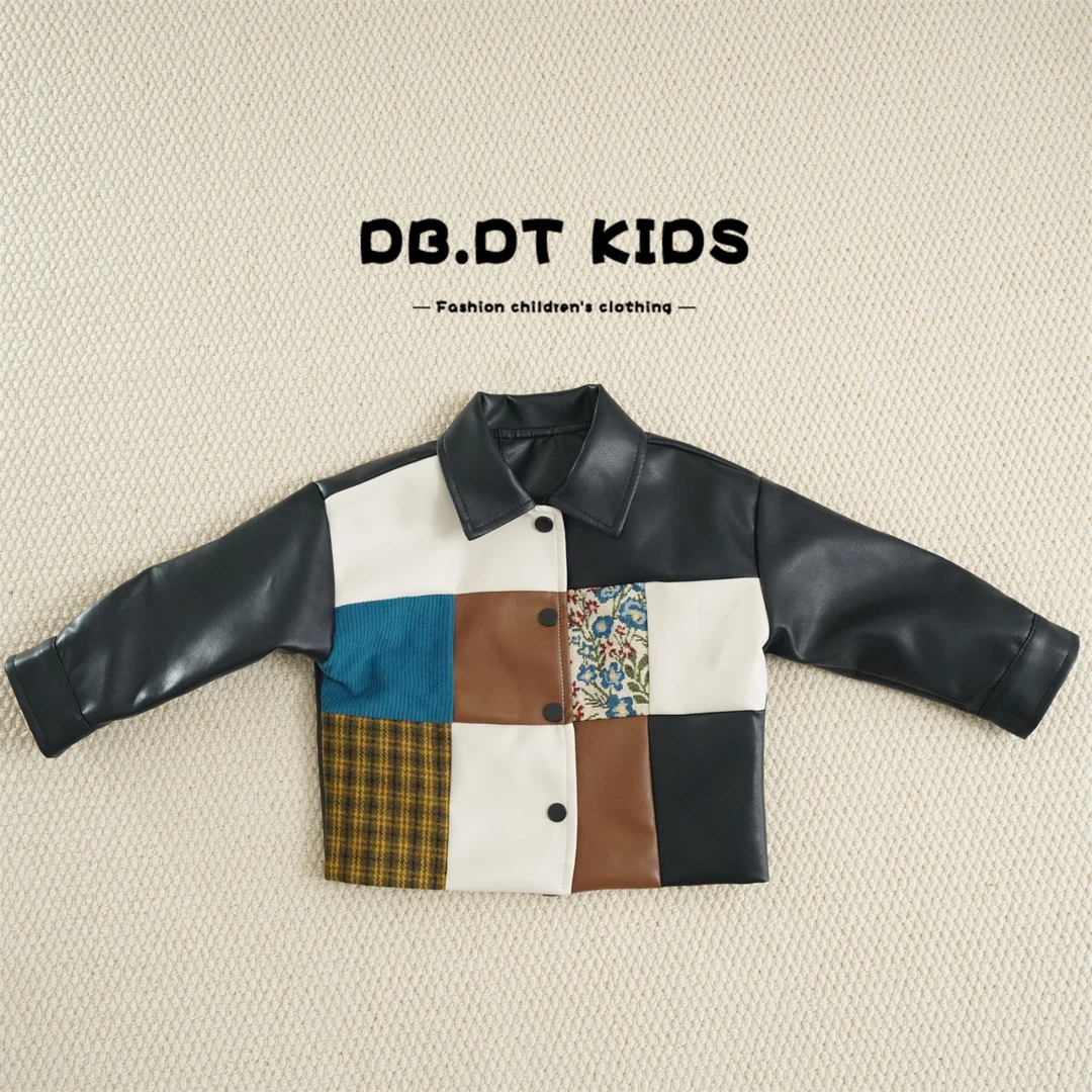 【现货】男童皮衣儿童翻领款外套春秋款韩版洋气潮范秋冬撞色皮夹克
