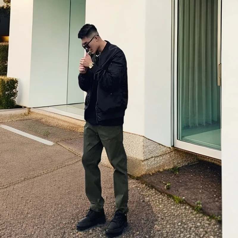 军绿色工装休闲裤男士春秋季痞帅修身直筒裤帅气百搭纯棉薄款裤子