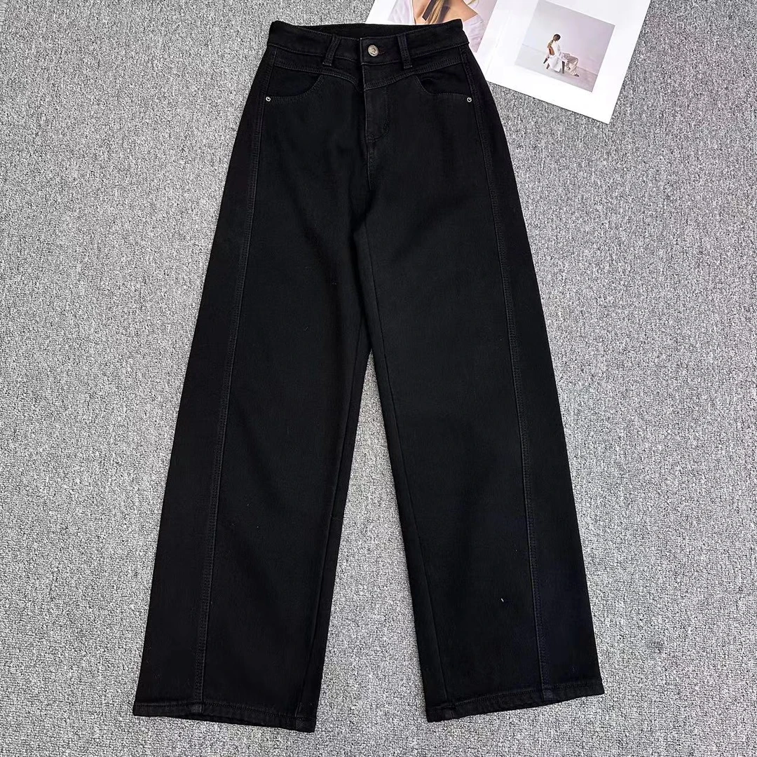 【周周家】K3036濮院秋冬季桑蚕丝弯刀牛仔裤女士加绒黑色街头