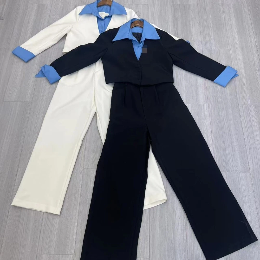 【周周家】2743西装时尚气质休闲黑色拼色设计款百搭套头套装女装