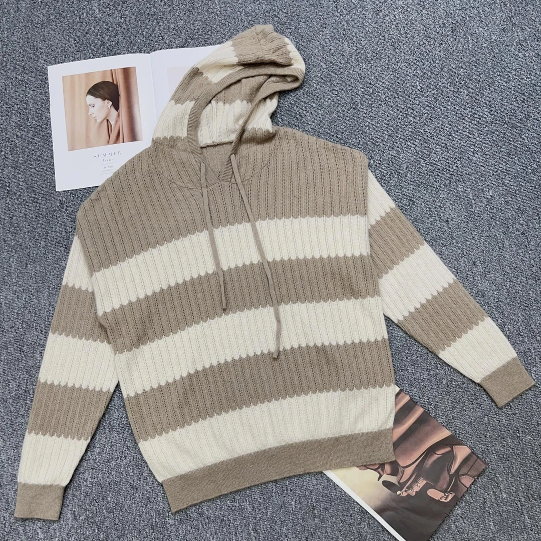 【周周家】R024羊绒帽衫抽绳连帽撞色条纹针织时尚女士上衣秋季