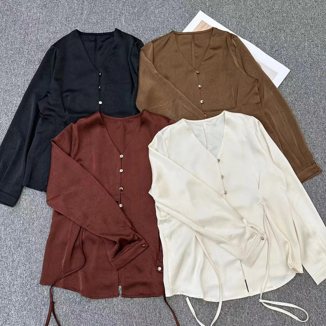 【周周家】S2430濮院秋季桑蚕丝V领开衫衬衫纯色女士休闲时尚轻奢风