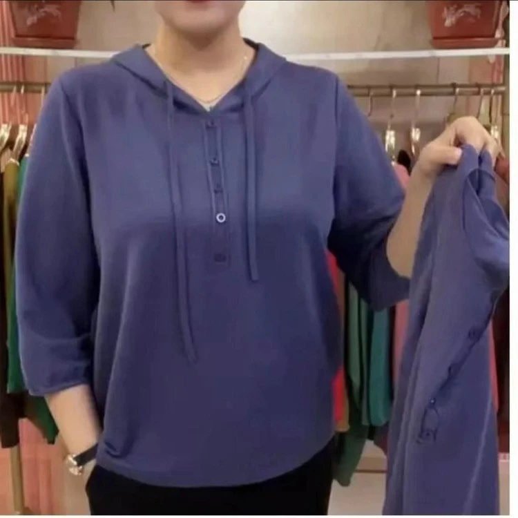 夏季新款薄款妈妈装弹力小衫连帽 七分袖宽松百搭休闲T恤