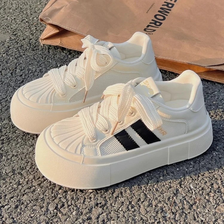 奶fufu厚底小白鞋女2024新款夏季透气百搭网面贝壳头小众休闲板鞋