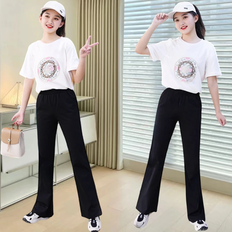 女童套装夏季国风款2024新款中大童儿童时尚休闲T恤阔腿裤两件套