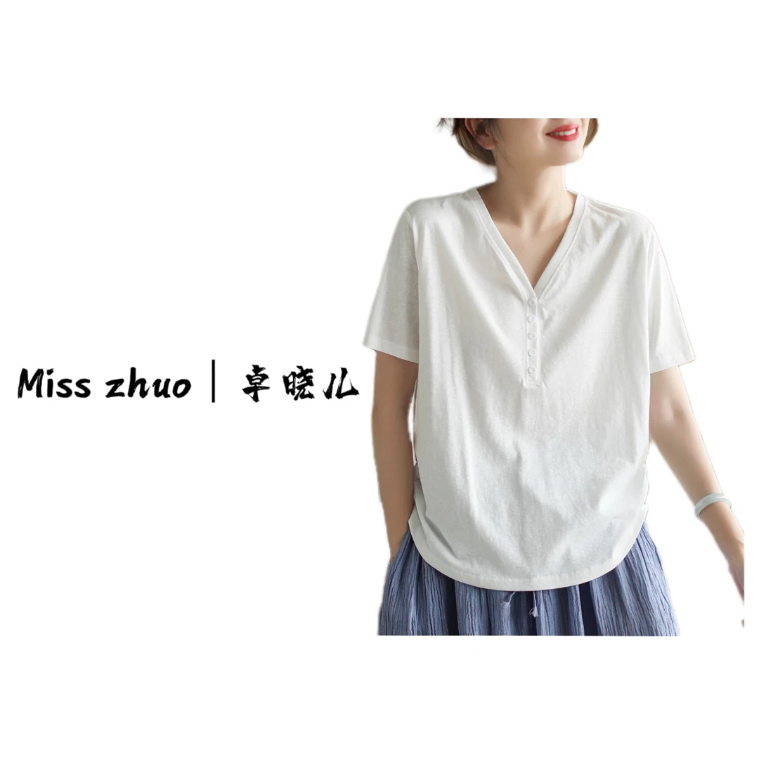 Miss zhuo|卓晓儿 v领扣子短袖大码微胖莫代尔夏天时尚女百搭夏