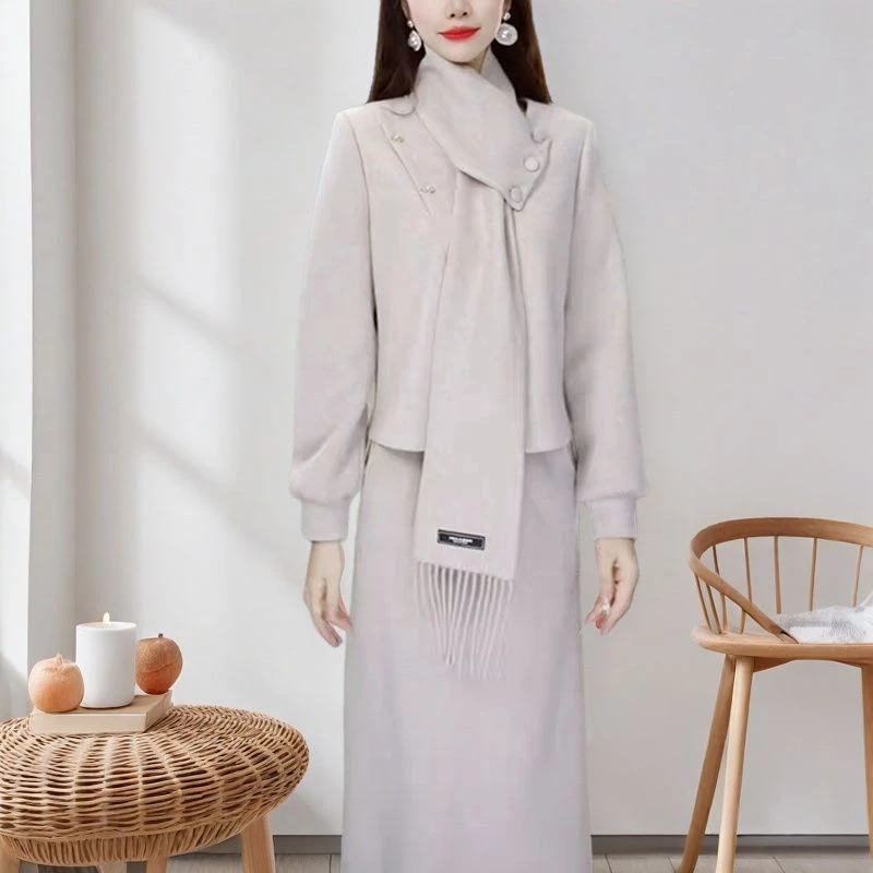 秋冬时尚气质三件套装可拆卸围巾韩版纯色上衣开衩中长款半身裙女