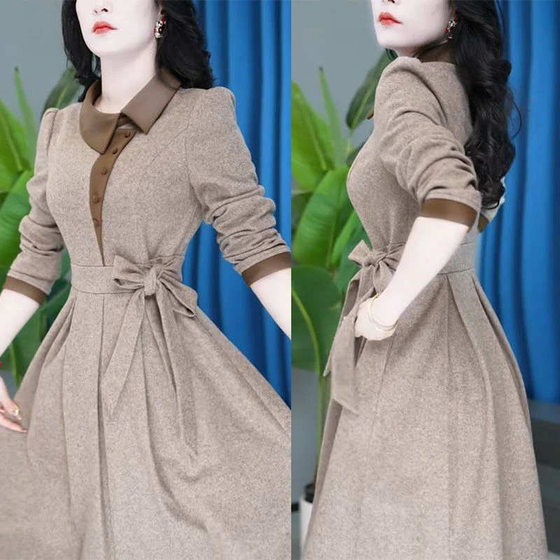 时尚复古长袖连衣裙女2025春季新款高级感气质显瘦中长款休闲裙子