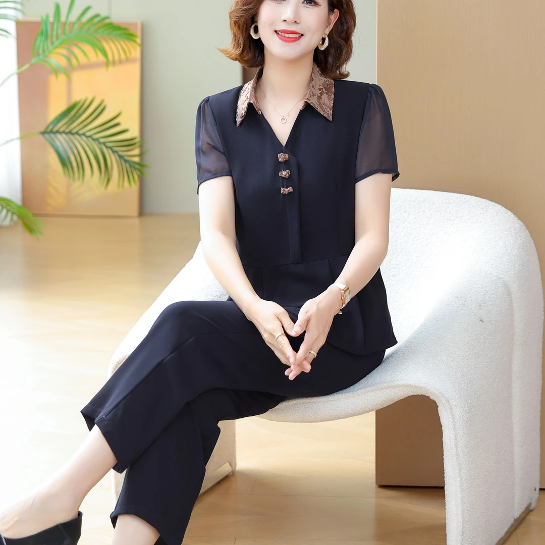 新中式妈妈装2024夏装新款套装中老年女装洋气上衣服遮肚两件套薄