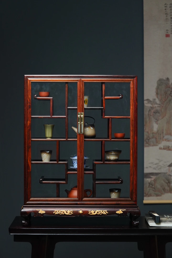 老挝大红酸枝独板玻璃柜高端红木家具茶具收纳柜