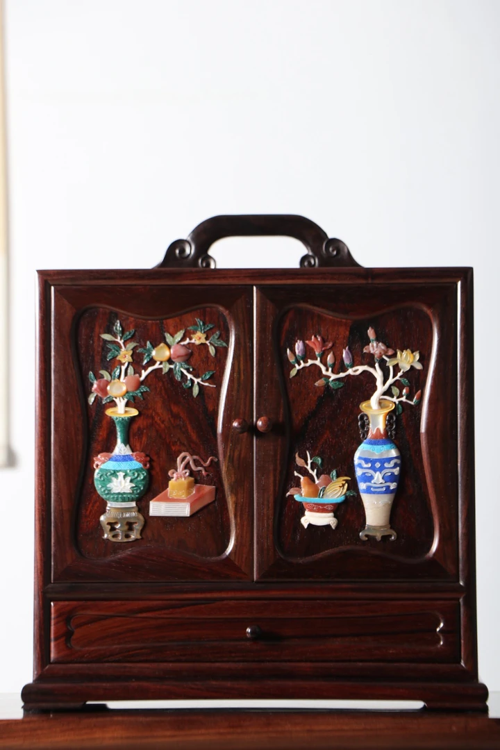 大红酸枝交趾黄檀百宝嵌茶箱