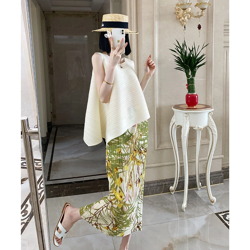 三宅褶皱半身裙女大尺码2025春夏专柜款印花微胖mm小个子显瘦百褶