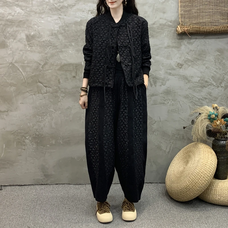 秋冬季加厚时尚套装复古减龄女宽松显瘦上衣短外套哈伦裤子两件套