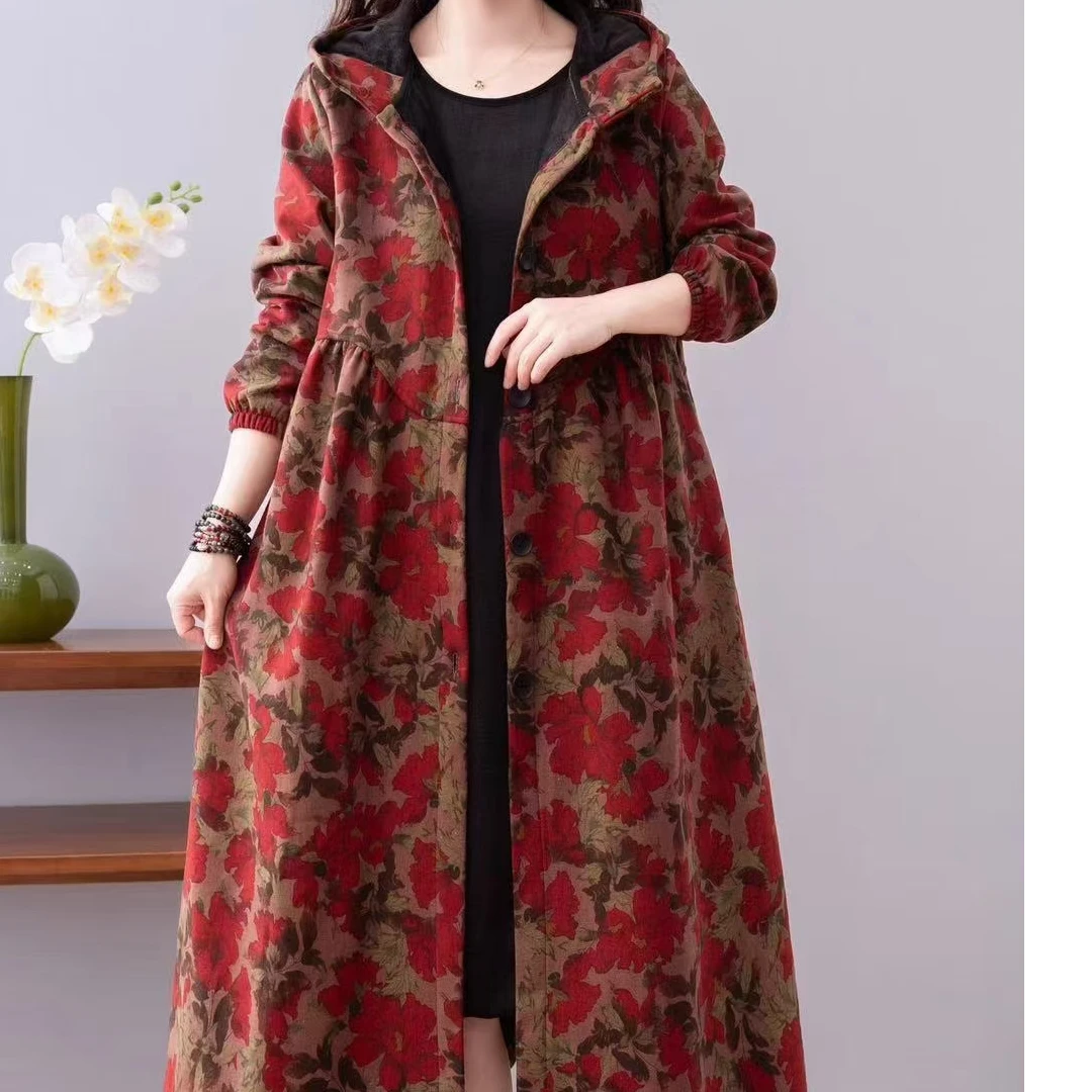 秋冬女士加绒宽松民族风复古棉麻连帽时尚休闲过膝中长款风衣长袍