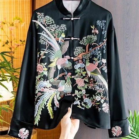 洋气高级感缎面醋酸外套女2024秋冬新品中式花鸟刺绣立领盘扣上衣