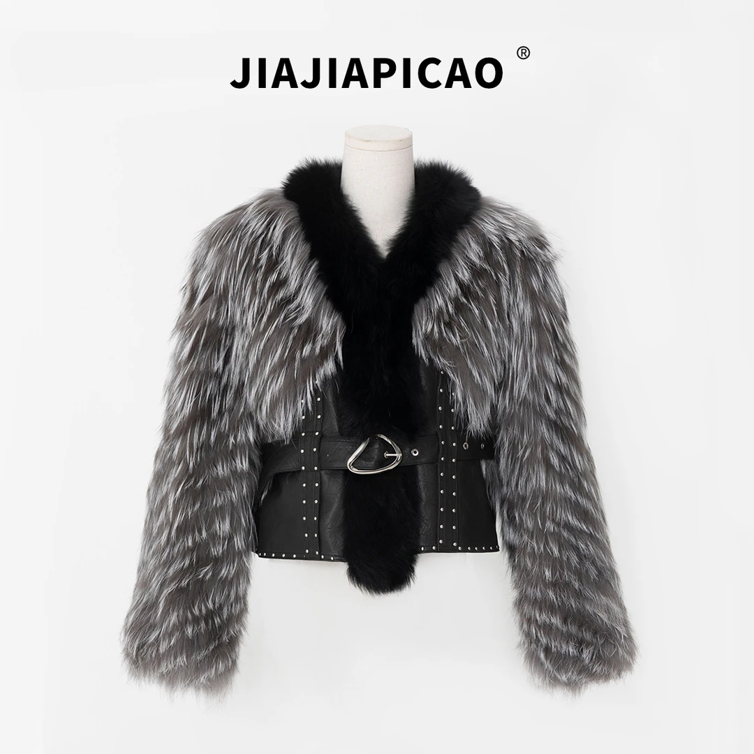 【佳佳新品】甜酷GIRL  新款稀有银狐毛绵羊皮皮草外套/3032