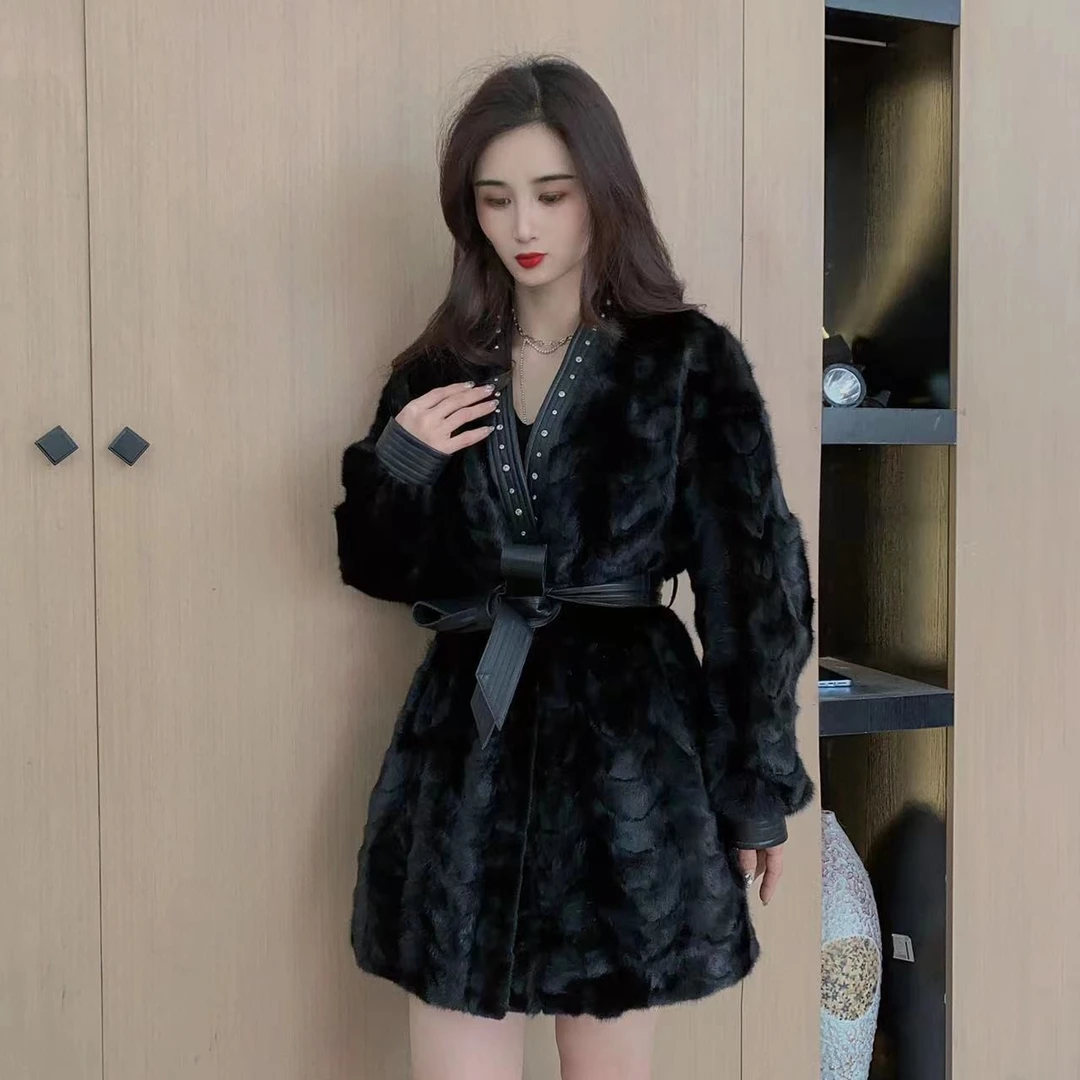【耀黑女王】皮草 水貂3025  冬季保暖轻奢带钻水貂绵羊皮皮草外套