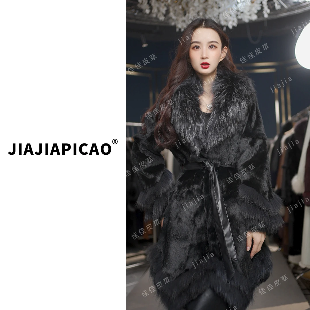 【撞色毛毛】26300 皮草 长款冬季貉子毛兔毛时尚保暖皮草外套
